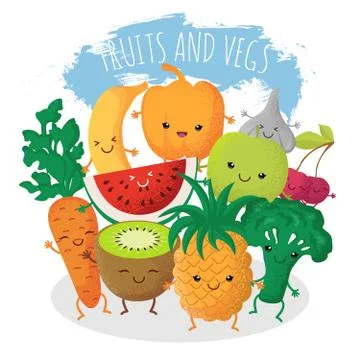 Group of funny fruit and vegetables friends. Vector characters with happy Stock Illustration