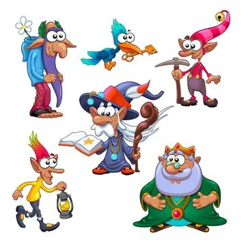 A group of funny gnomes with bird Illustrazione stock