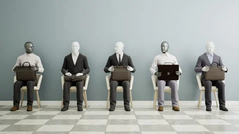 Group of Futuristic android robots sitting on a chair and waiting for a job Stock Footage 246766781