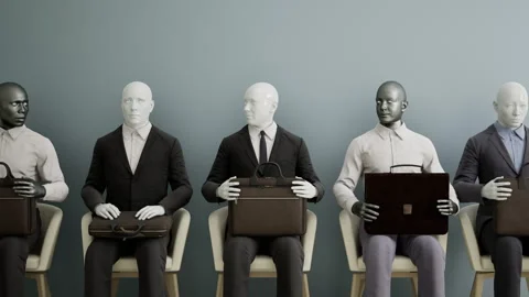 Group of Futuristic android robots sitting on a chair and waiting for a job Stock Footage 247207240