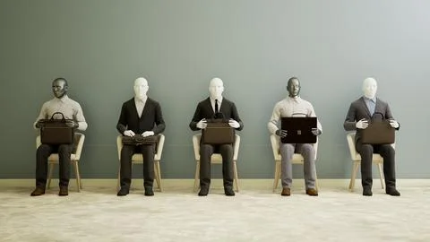 Group of Futuristic android robots sitting on a chair and waiting for a job Stock Illustration