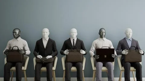 Group of Futuristic android robots sitting on a chair and waiting for a job Stock Illustration
