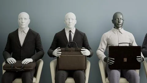Group of Futuristic android robots sitting on a chair and waiting for a job Stock Illustration