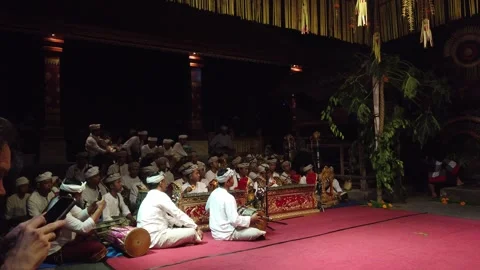 Group of Gamelan musicians performing at Temple ceremony in Bali Indonesia Stock Footage 342054229