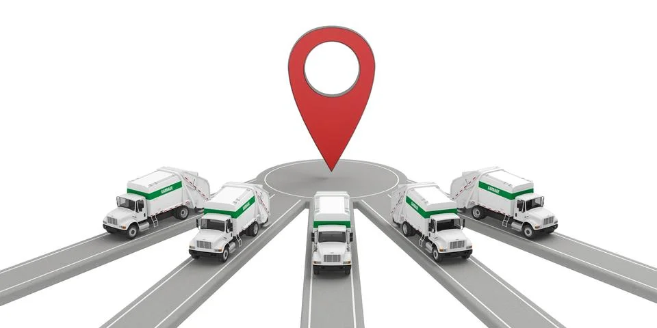 Group of garbage trucks at one map point Stock Illustration