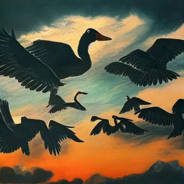 A group of geese fly in the sky. Illustrazione stock