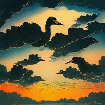 A group of geese fly in the sky. Illustrazione stock