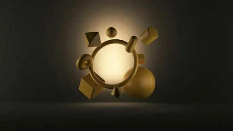 Group of geometric shapes levitation on studio. 4K Loop Animation Stock Footage 220195643