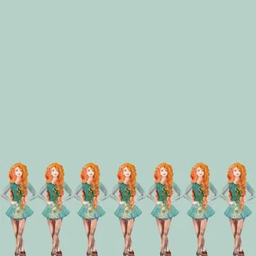 Group of ginger haired girls dance irish dance on green background Stock Illustration