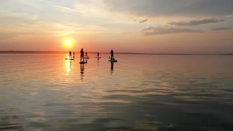 Group of girls simultaneously rowing the oars on the SAP Board Stock Footage 135260880