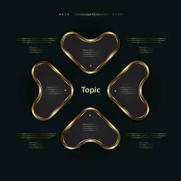 A group of golden arrows shape button design, objects, elements on dark backg 库存插图