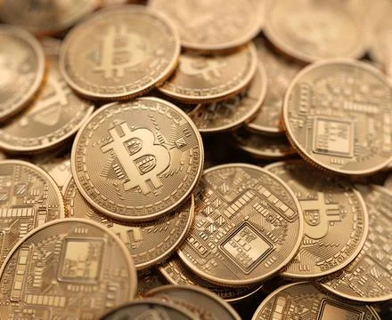 Group of golden bitcoin coin scattered. Popular digital cryptocurrency. Stock Illustration