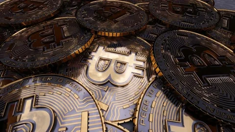 Group of golden bitcoin spinning loop Stock Footage 171835861