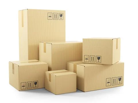 Group of goods in cardboard boxes. 3d Stock Illustration