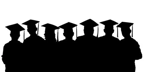 Group of graduating students in graduation cap, silhouette. Vector illustrati Stock Illustration