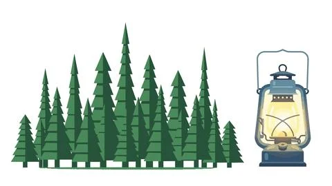 Group of green pine trees and vintage lantern with glowing light, outdoor a.. Illustrazione stock