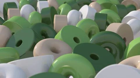 Group of green, white, beige circle shapes. Close-up. 3d render. Stock Illustration