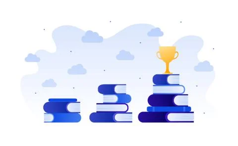 Group of growing stack of book. Trophy cup award symbol 스톡 일러스트