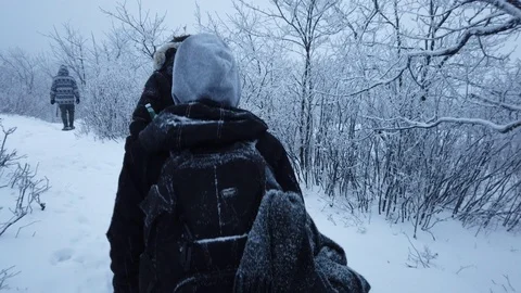 Group of guys hiking down a mountain during winter in Mont-St-Hilaire, Quebec Stock Footage 102481607