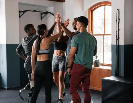 Group in gym high five, celebrating workout event with muscle power and balance Stock Illustration