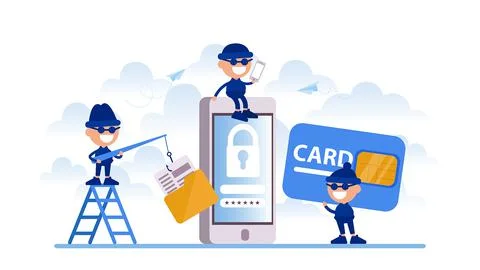 Group of hacker stealing smartphone data and doing fishing via email.	 Stock Illustration