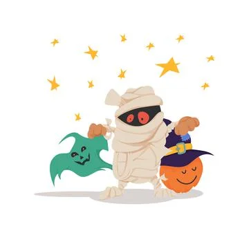 Group of halloween characters a zombie, a ghost and a pumpkin in a hat. Symbo Illustrazione stock
