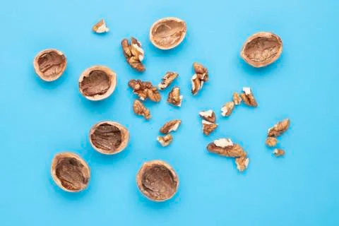 Group of halves of walnut on blue background Stock Photos