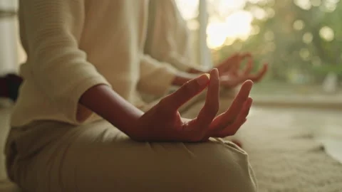 Group of Hand doing yoga exercises with lotus while sitting on carpet Stock Footage 231488871