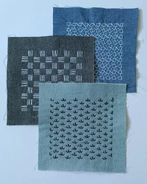 Group of Handmade Sashiko Textile Samples.  Stock Photos
