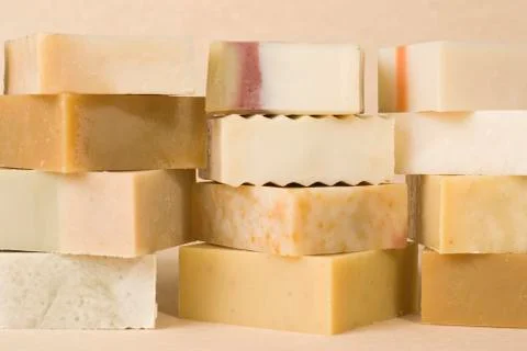 Group of handmade soap with herbal material 스톡 사진