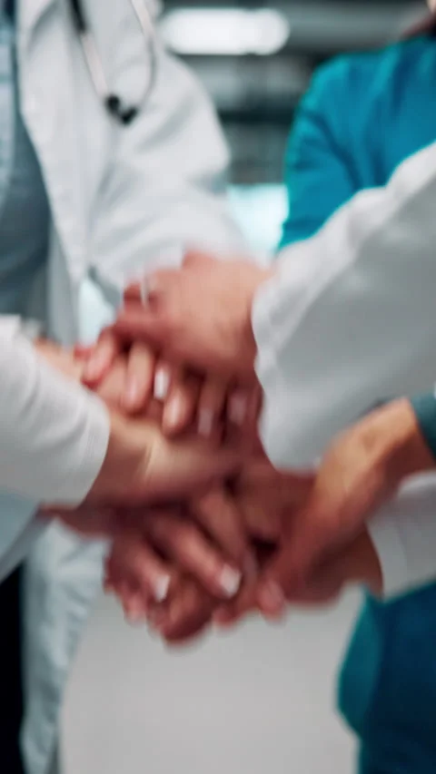 Group, hands and doctors together for celebration, success or hospital Stock Footage 335929442