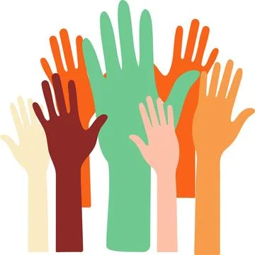 A group of hands are raised in a circle, with some hands being green Stock Illustration
