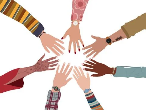 Group of hands in a circle of diverse multicultural multi-ethnic people.Team Stock Illustration