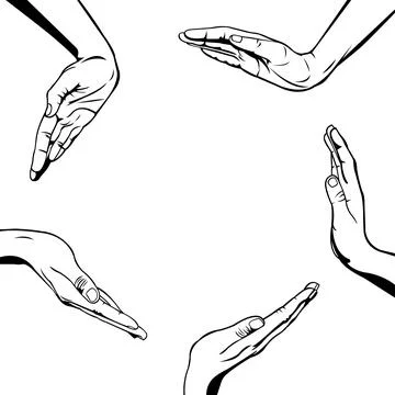 Group of hands forming a circle simple black and white illustration Stock Illustration