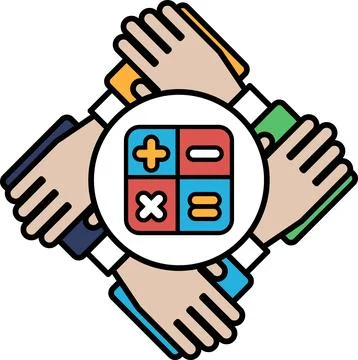 A group of hands holding a calculator with the numbers 1, 2, 3, and 4 on it Stock Illustration