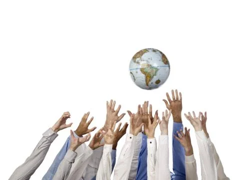 Group of hands reaching the world globe Stock Photos