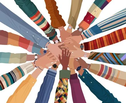 A group of hands stacked on top of each other. Multicultural people Stock Illustration
