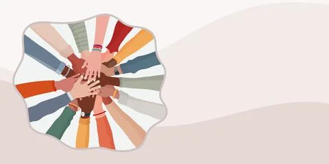 Group hands on top of each other of diverse multi-ethnic and people. Banner Stock Illustration