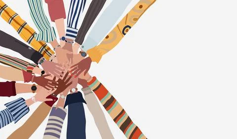 Group of hands on top of each other of people of diverse culture and race. Illustrazione stock