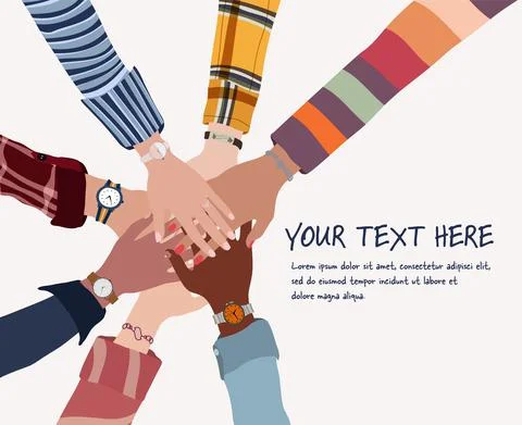 Group of hands on top of each other of multi-ethnic and multicultural people Stock Illustration