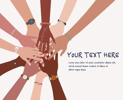 Group of hands on top of each other of diverse and multicultural people. Team Stock Illustration
