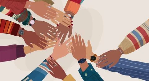 Group hands on top of each other diverse multi-ethnic and multicultural people Stock Illustration