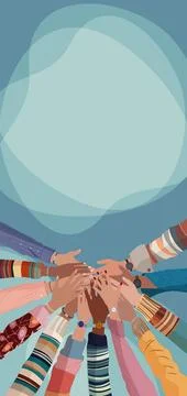 Group hands on top of each other multicultural people. Community teamwork Stock Illustration