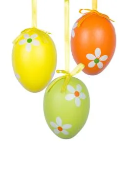 Group of hanging Easter eggs on a white background Stock Photos