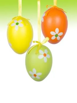 Group of hanging Easter eggs on a white background Stock Photos