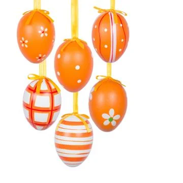 Group of hanging Easter eggs on a white background Stock Photos
