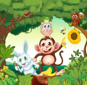 A group of happy animals at the forest Illustrazione stock