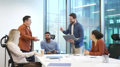 Group of happy business people communicate have a friendly chat during a coffee  Video stock 301973653