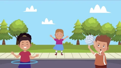 Group of happy children playing together in park with hula hoop and volleyb.. Video stock 338423322