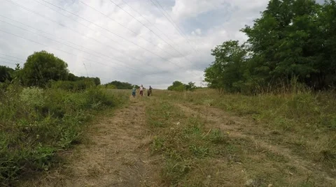 Group of happy children running down the hill in a meadow and roll the wheel Video stock 53466972